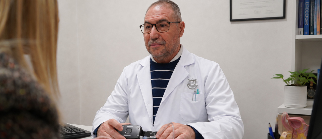 Kinesiólogo realizando una consulta y evaluación clínica con una paciente en consultorio del IADT